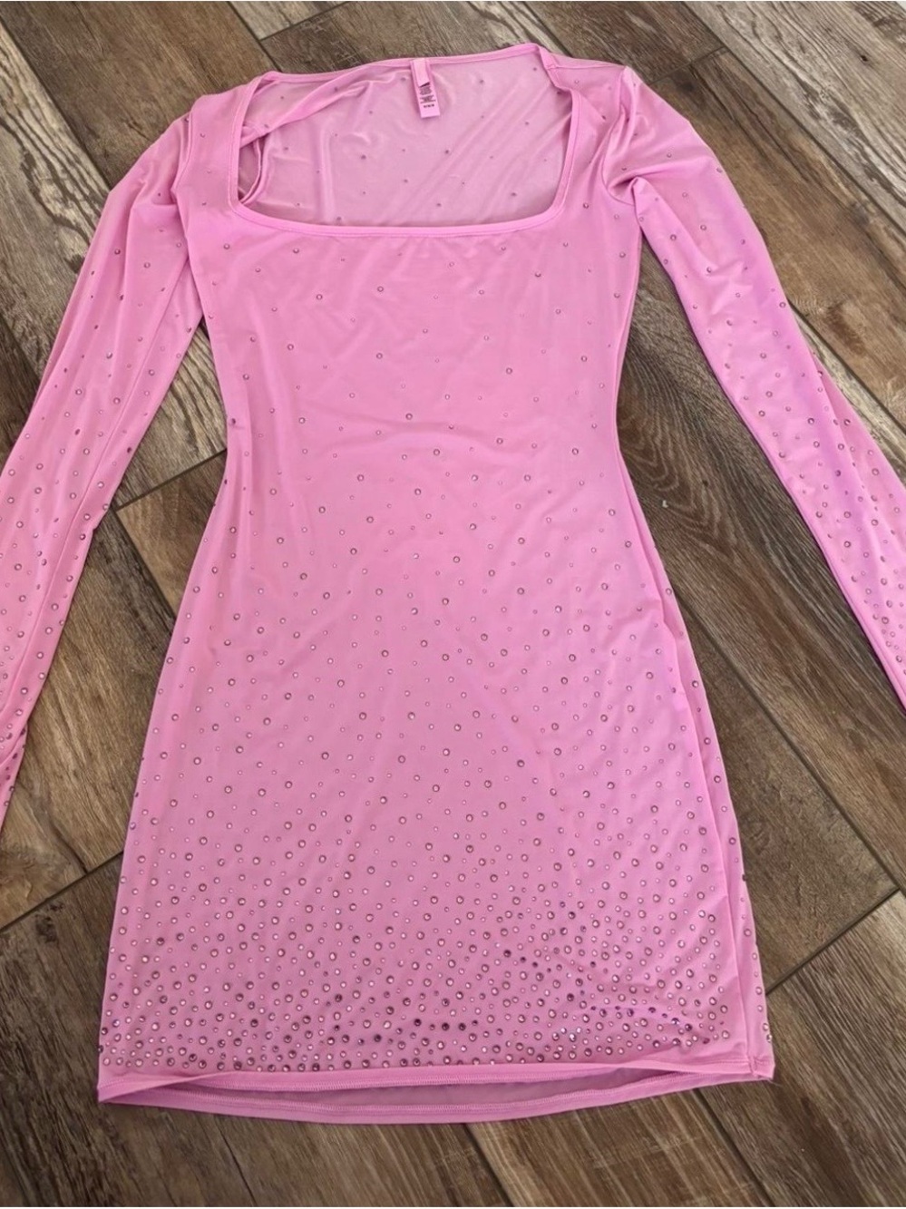 SKIMS Pink Mesh Long-Sleeve Mini Dress with Rhinestone Accents